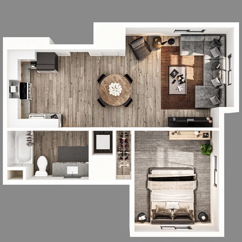 Floor plan for 1 bed, 1 bath, 673 sqft